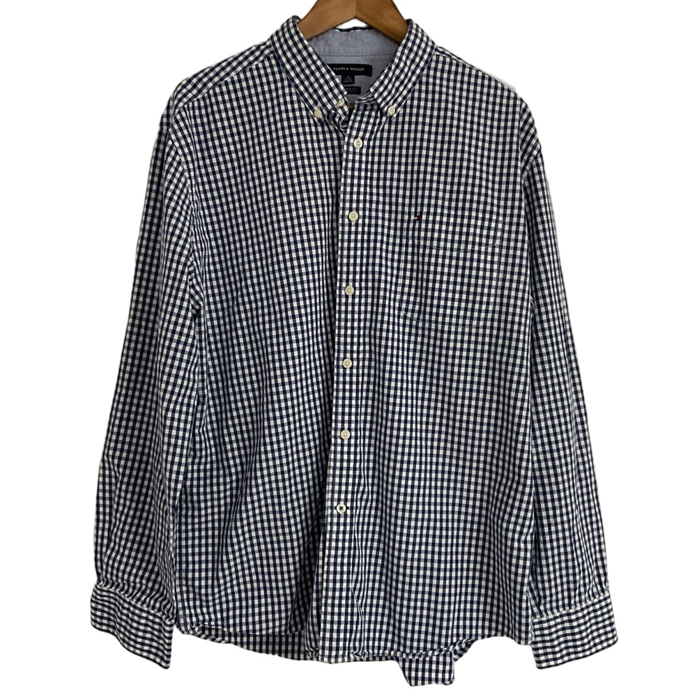 Tommy Hilfiger Classic Fit Navy White Gingham Plaid Button Down Shirt Size XL